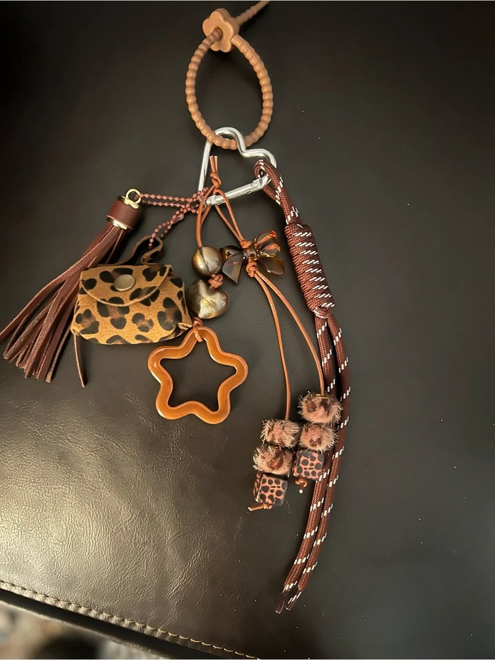 Brown Leather & Leopard Accent Keychain Bag  Charm
